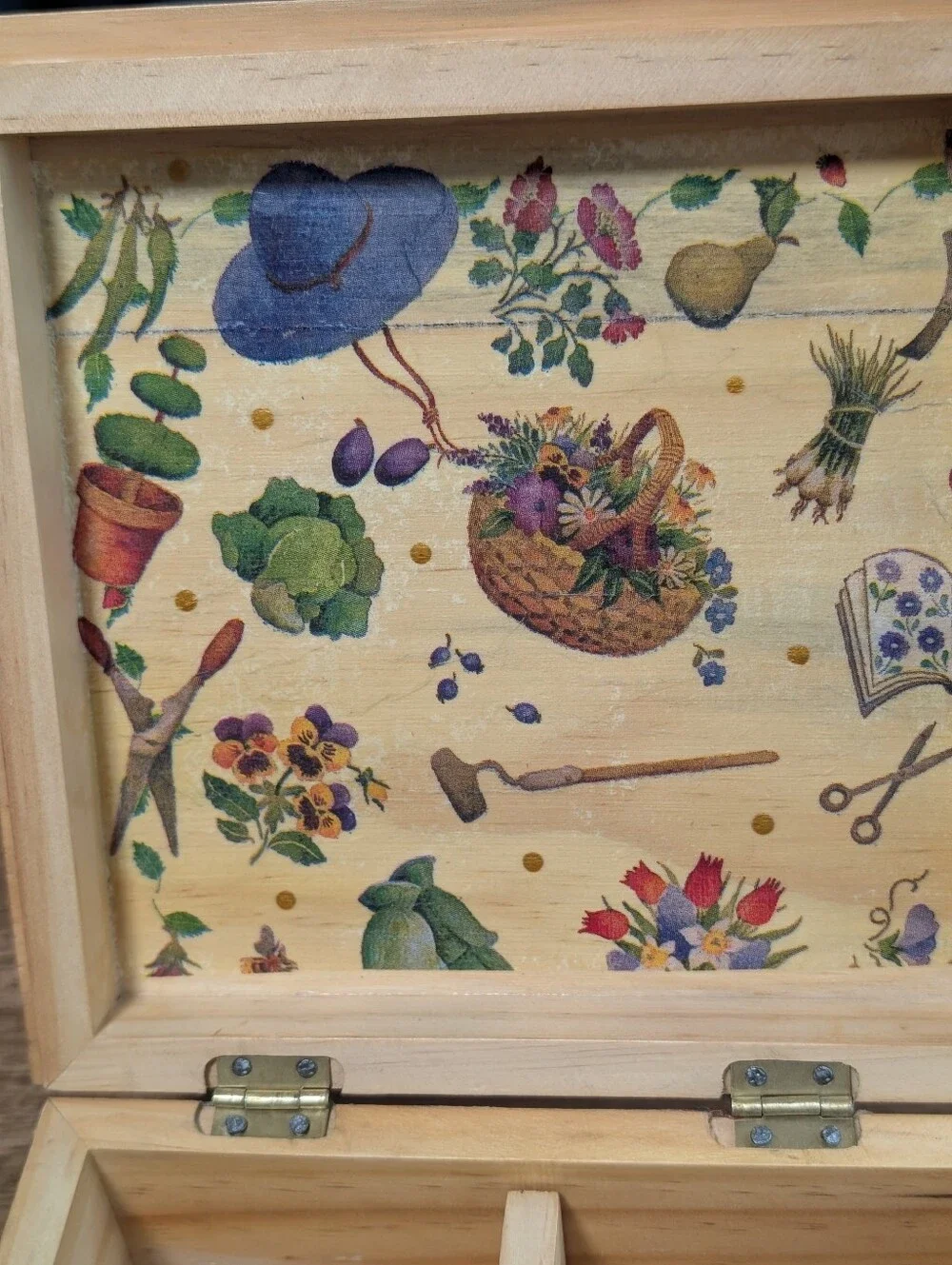 Pily Acuna Design Decoupage Wooden Trinket Box/ Jewelry Box Garden Bees Ladybug